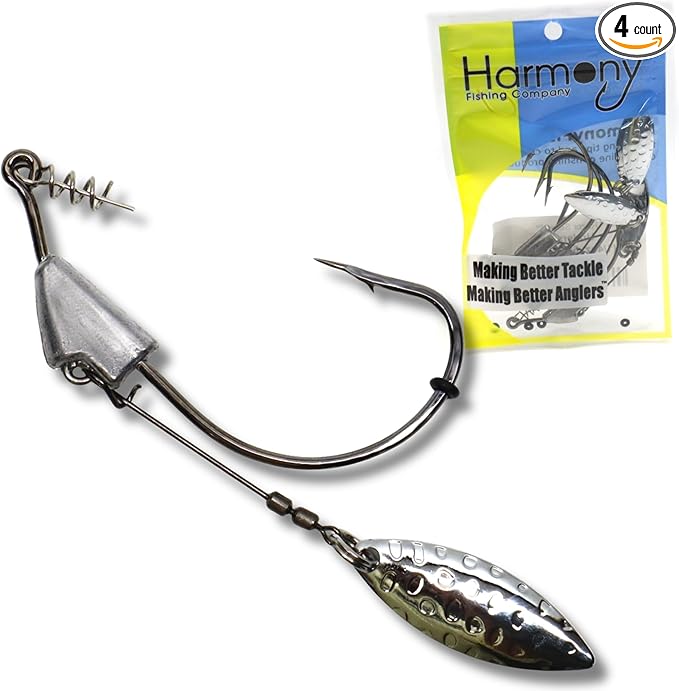 Harmony Fishing - Razor Series Underspin Swimbait Hooks (4 Pack w/ 5 Bait Pegs) - Weighted Weedless Swimmer Hooks with Flashy Willow Spinner Blades