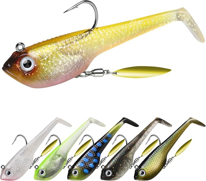 GOTOUR Pre-Rigged Soft Fishing Lures with Weedless Hook, Lifelike Paddle Tail Swimbaits for Bass Fishing, Freshwater & Saltwater Fishing Bait, Fishing Tackle for Bass, Pike, Trout, and Walleye