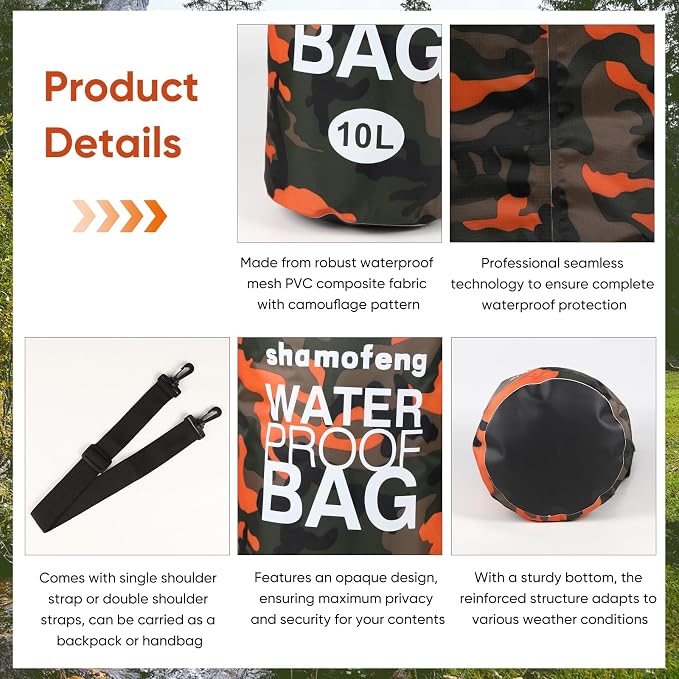Waterproof Dry Bag 5L/10L/15L/20L/30L Roll Top Dry Storage Backpack with Phone Case, Collapsible Water Bottle, Sunglasses, Ear Band for Kayaking Boating Swimming Fishing Camping, Orange 20L