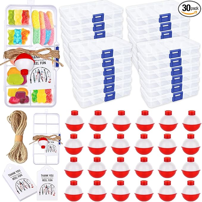 Draupnir 30 Sets Fishing Party Favors Candy Tackle Boxes with 30 Fishing Bobber 30 Thank You Cards for Fishing Theme Decorations