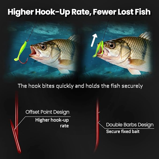 FishTrip 100pcs Baitholder Fishing Hooks, Double Barbed Long Shank Offset Bait Holder Fish Hook for Fishing Rigs Freshwater Saltwater Red #8-6/0