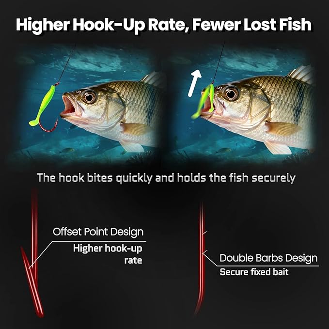 FishTrip 100pcs Baitholder Fishing Hooks, Double Barbed Long Shank Offset Bait Holder Fish Hook for Fishing Rigs Freshwater Saltwater Red #8-6/0