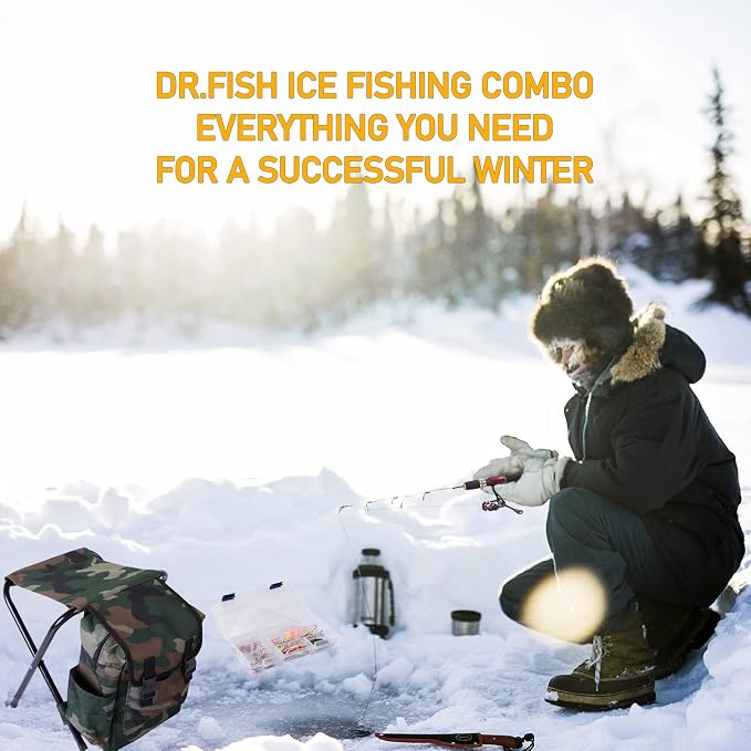 Dr.Fish Ice Fishing Rod and Reel Combo, Ice Fishing Pole Gear Spinning Reel Equipment Set Backpack Chair Jigs Lures Accessories