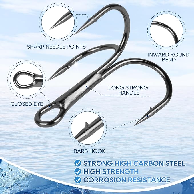 UCEC Fishing Hooks Treble Hooks Kit for Saltwater Freshwater, High Carbon Steel Strong Sharp Round Bend for Catfish Trout Hard Baits Lures, Size #1#2#4#6#8#10#12#14 110/50/210 Pack with Split Rings