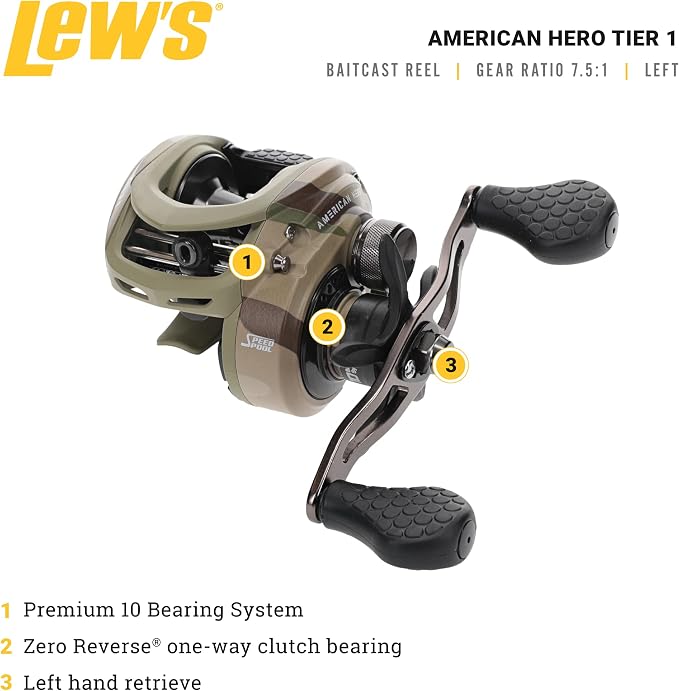 Lew's American Hero Tier 1 Baitcast Fishing Reel, 9+1 Stainless Steel Ball Bearings, 7.5:1 Gear Ratio, Multicam