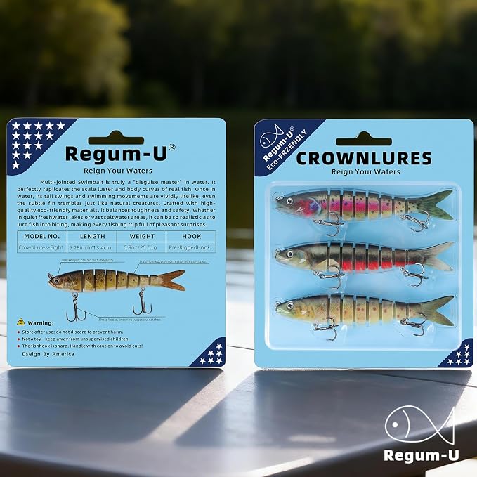 Crown Fishing Lures 8 Segment Realistic Swimbait with 3D Eyes Vibrating Actions,Smooth Lifelike Swimming for More Bites,Reinforced Fiber Joint,Durable Unbreakable Fishing Lure for Various Fish