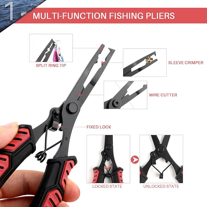 mouhike Fishing Pliers Fish Lip Gripper Fishing Tool Kit Muti-Function Saltwater Fishing Line Cutter Hook Remover with Sheath Lanyard, Fly Ice Fishing Gear Fishing Gifts for Men Women