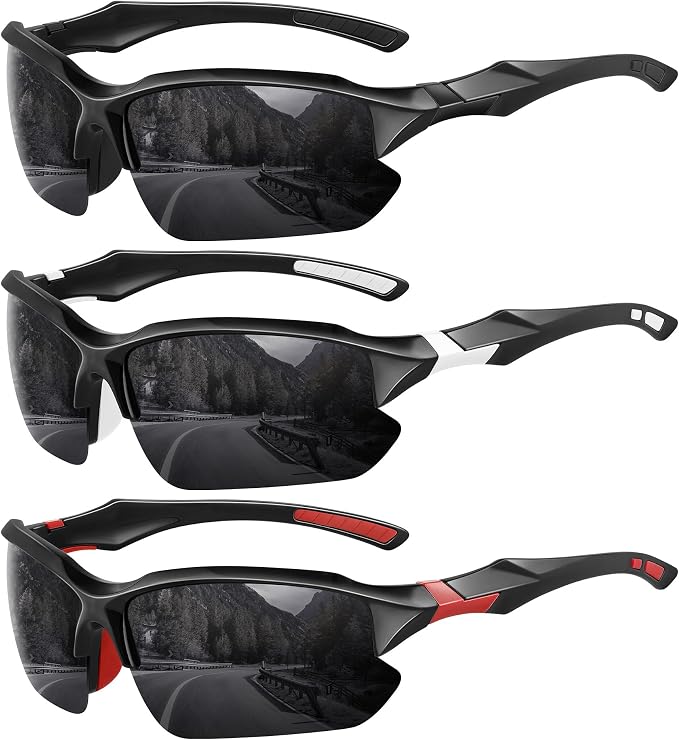 XVXV 3 Pack Polarized Sports Sunglasses for Men, UV Protection Half Frame Sunglasses Comfortable for Running Cycling Driving