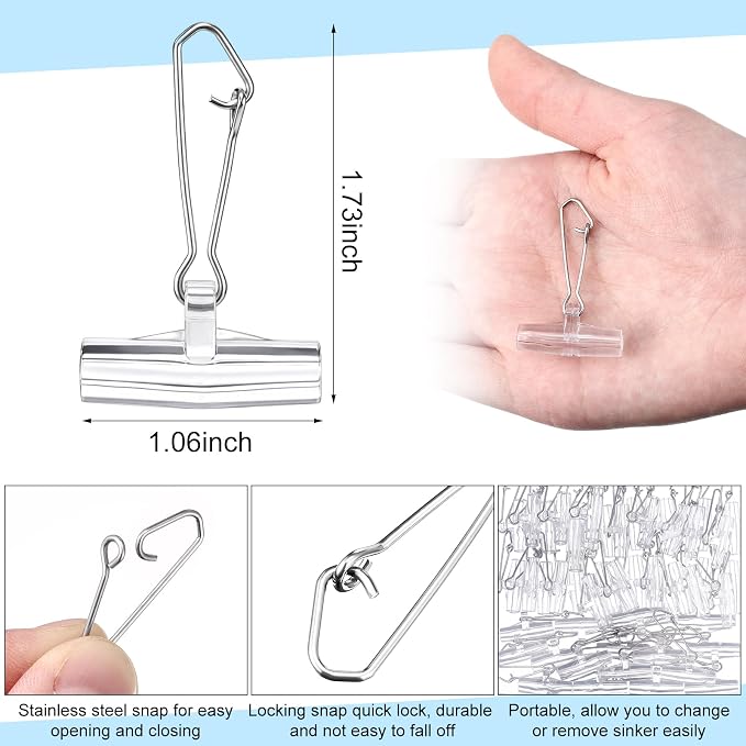 Soulchen 50 Pcs Fishing Line Sinker Slides Clip with Metal Snaps Stainless Steel Fishing Weights Sinkers Slider Swivel Snap Connector Catfishing Tackle Equipment Accessories for Boat Beach