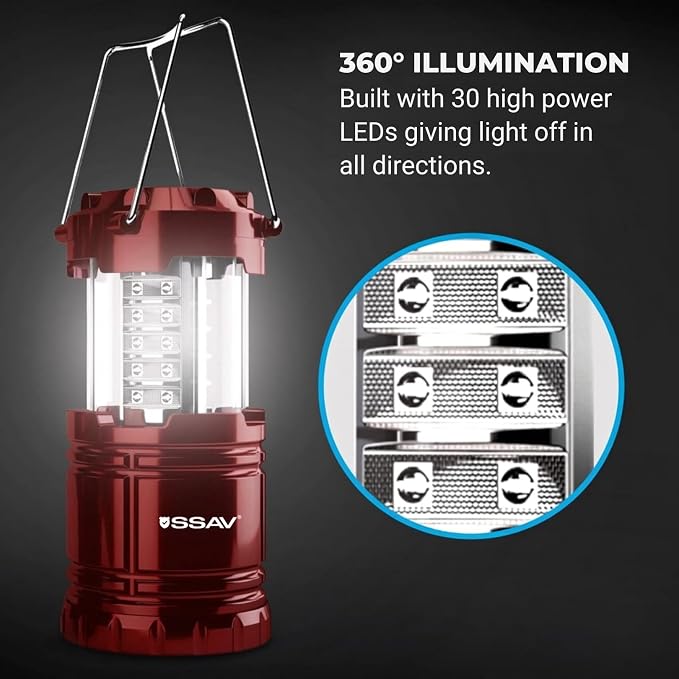 SSAV LED Camping Lantern, Emergency Lanterns for Power Outages & Hurricane Preparedness, Collapsible Portable Survival Lights for Camping, Storms & Emergencies, Batteries Included (2, Red)
