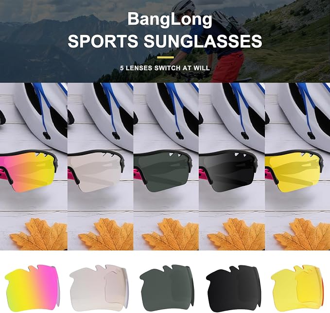 BangLong Polarized Cycling Sunglasses for Men Women, 26g Sports Sunglasses with 5 Lenses for Running Fishing Baseball Driving