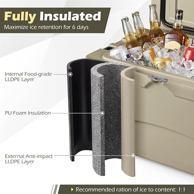 Goplus Hard Cooler, Insulated Ice Chest w/Portable Handles, Cup Holders, Ruler, Bottle Opener, 6 Day Ice Retention for Drink, Beverage, Camping, Fishing, Beach