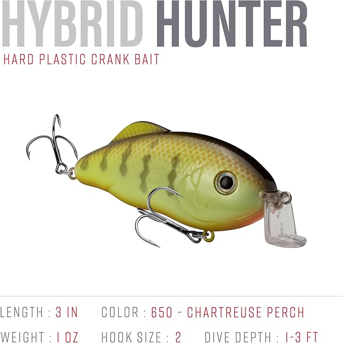 Strike King Hybrid Hunter Shallow Jr. Fishing Lure, Shallow Diving Crankbait, 90-Degree Bill, 3D Eyes, Loud Rattle, Dives 1 to 3-Feet,Size 4 & 6 Treble Hooks
