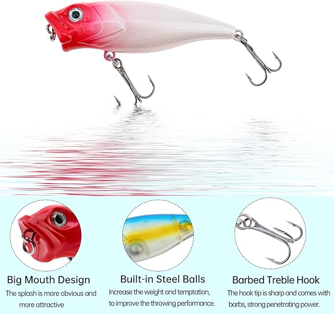 5pcs Fishing Popper Lure, Colorful 3D Eyes Topwater Lures Bass Lures Fishing Hard Baits