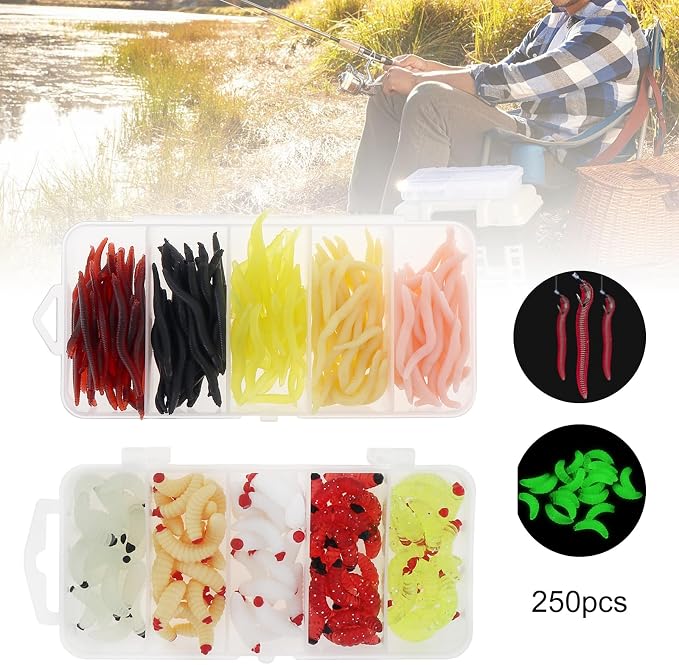 250pcs Soft Plastic Fishing Lures Worms Lure, Plastic Fishing Worms Fake Maggots Fake Worms Baits, Worm Bread Soft Maggots Artificial Earthworm