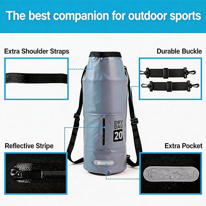 20L Waterproof Dry Bag - Floating Heavy Duty PVC Dry Sack - for Boating, Fishing & Beach - Backpack Style Waterproof Bag for Men & Women