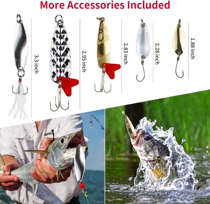 GOANDO Fishing Lures Kit for Freshwater Bait Tackle Kit for Bass Trout Salmon Fishing Accessories Tackle Box Including Spoon Lures Soft Plastic Worms Fishing Gifts