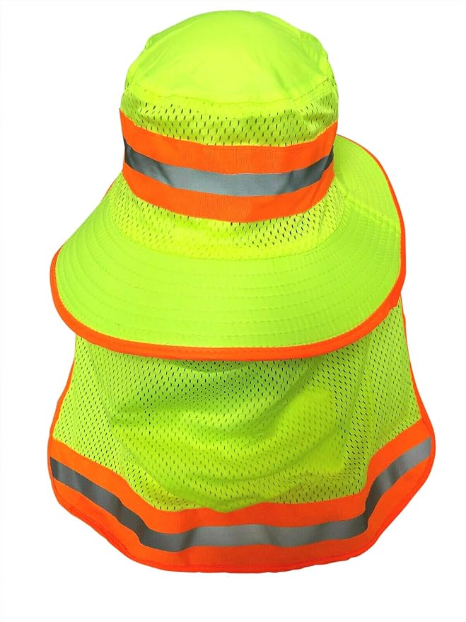Men High Visibility Reflective Sun Hat with Neck Flap Wide Brim Boonie Hat Bucket Cap