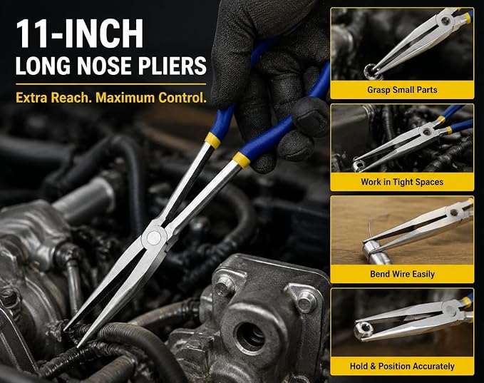 11 Inch（28cm） Long Reach Long Nose Pliers | Designed for Mechanics, Technicians, and Contractors | Work with Delicate or Difficult-to-Reach Pieces | Milled-Jaws | Steel “Needle Nose (Blue)