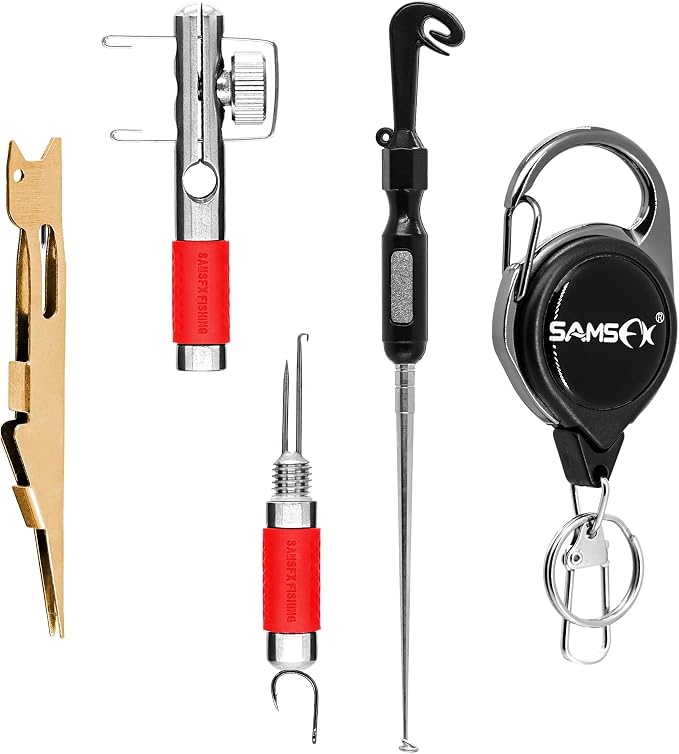 SAMSFX Fishing Stainless Steel Hook Tier, Knot Tying Tool, Loop Tyer, Hook Remover and Zinger Retractors Combo