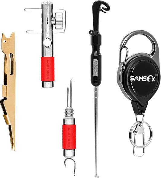 SAMSFX Fishing Stainless Steel Hook Tier, Knot Tying Tool, Loop Tyer, Hook Remover and Zinger Retractors Combo