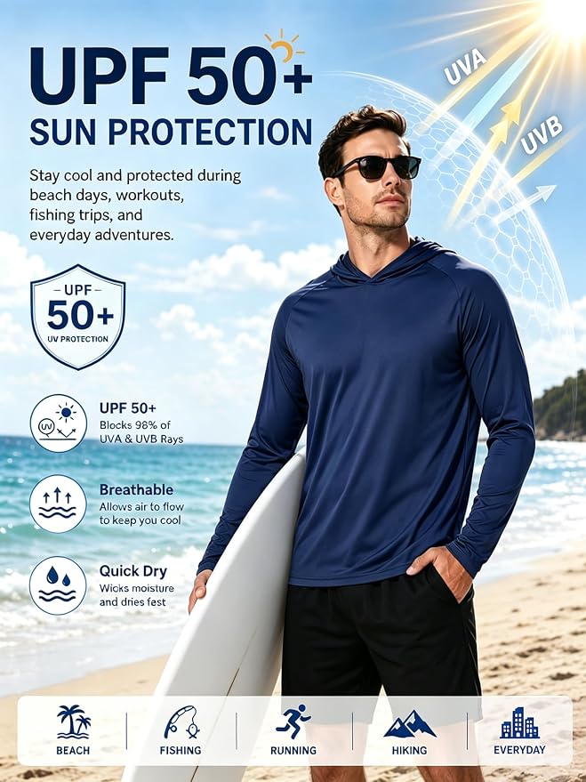 ZITY 3 Pack Men's Sun Protection Hoodie Shirt Fishing Shirts for Men UPF 50+ Long Sleeve Shirt Lightweight Rash Guard