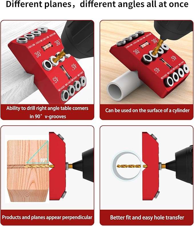 30 45 90 Degree Angle Drill Guide Jig for Hand Drill, Angle Drill Guide for Straight Holes and Angle Drilling, used for Stairs Handrails, Cable Railings, Decks, and Wood Posts Level design，with 4 Bits