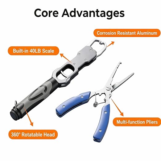 Fish Lip Gripper, Fish Gripper with Scale, Multifunctional Fishing Pliers with Hook Remover and Split Ring Tool, Ideal Fishing Gift for Men