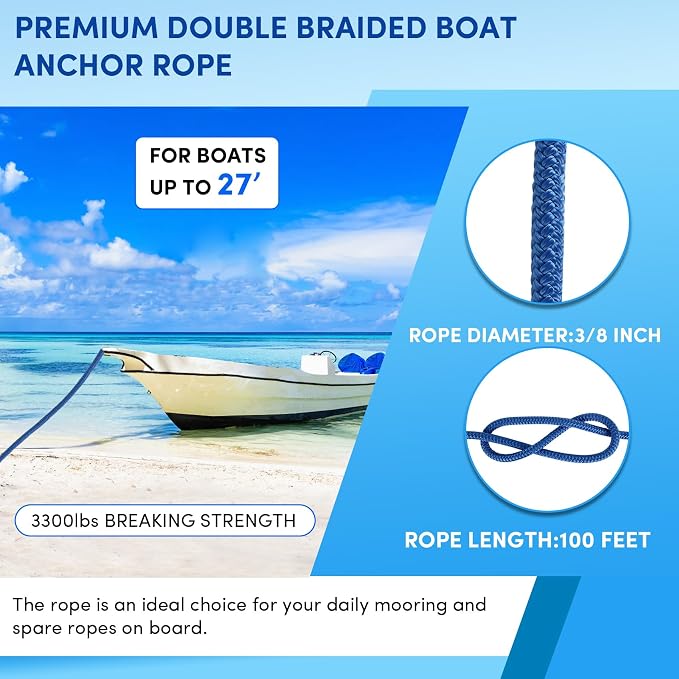 Boat Anchor Rope 100 ft x 3/8 inch Sky Blue, Double Braided Anchor Line with Stainless Steel Thimble & Shackle, Marine Rope Ideal for Towing,Mooring,Decks,Anchoring,for Boats Up to 27'