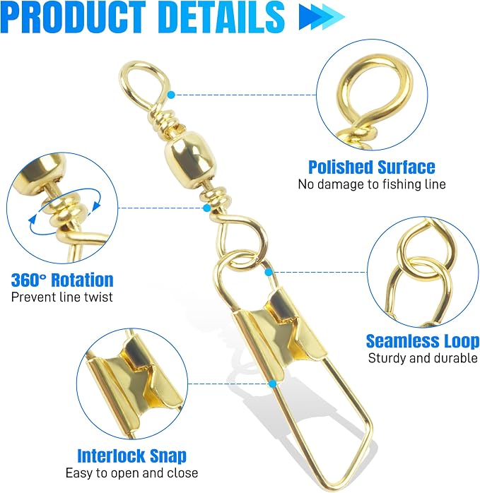 AGOOL Fishing Swivels Snaps, 60/120pcs Barrel Swivels with Nice Snaps Gold High Strength Solid Rings Line Lures Connector Fishing Tackle Accessories