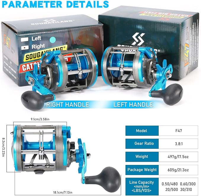 Sougayilang F47 Baitcasting Fishing Reel - Reinforced Metal Body Round Baitcaster for Smooth Powerful Saltwater Inshore Surf Trolling - Conventional Reel for Catfish, Musky, Bass, Pike