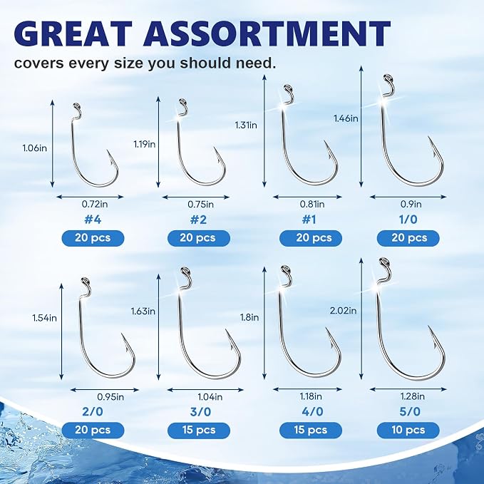 UCEC Fishing Hooks, 140PCS/ 100PCS/ 60PCS EWG Offset Worm Hooks Bass Hooks Wide Gap 2X Strong Senko Bait Texas Rig Jig Fish Hooks for Bass Trout Saltwater Freshwater Size:#4#2#1 1/0 2/0 3/0 4/0 5/0