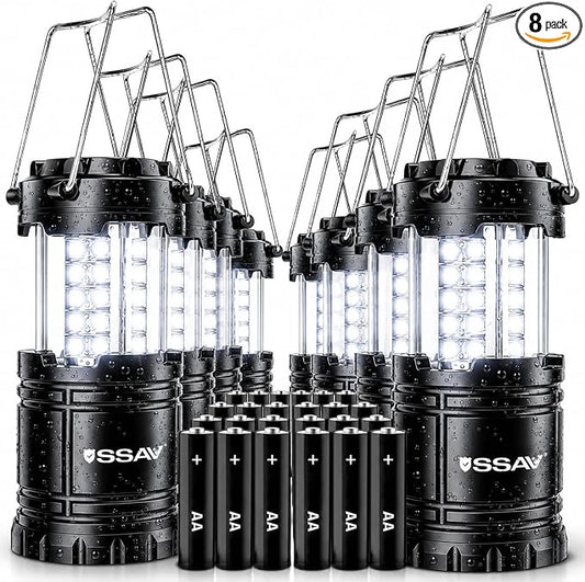 SSAV LED Camping Lantern, Emergency Lanterns for Power Outages & Hurricane Preparedness, Collapsible Portable Survival Lights for Camping, Storms & Emergencies, Batteries Included (8, Black)