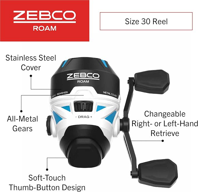 Zebco Roam Spincast Reel and Fishing Rod Combo, 6-Foot 2-Piece Fiberglass Fishing Pole with ComfortGrip Handle, Quickset Anti-Reverse Fishing Reel, Pre-Spooled with 10-Pound Zebco Line