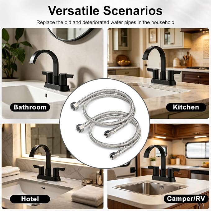 Midanya Faucet Supply Lines,48" Stainless Steel Braided Water Supply Line, 1/2" FIP x 3/8" COMP Faucet Hose, Faucet Hose Connector x 2 Pcs (1 Pair)