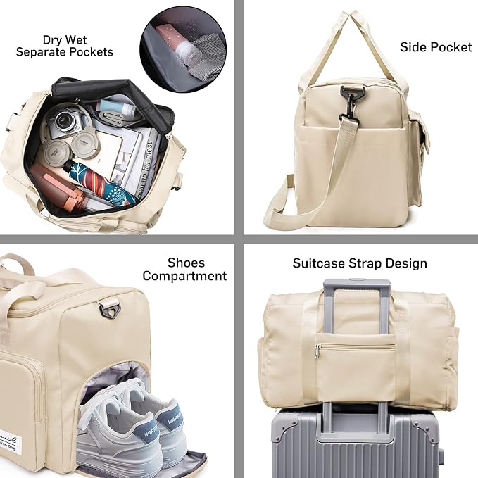 Suruid Sports Gym Bag with Shoes Compartment Travel Duffel Bag with Dry Wet Separated Pocket for Men and Women, Overnight Bag Weekender Bag Training Handbag Yoga Bag - Off White