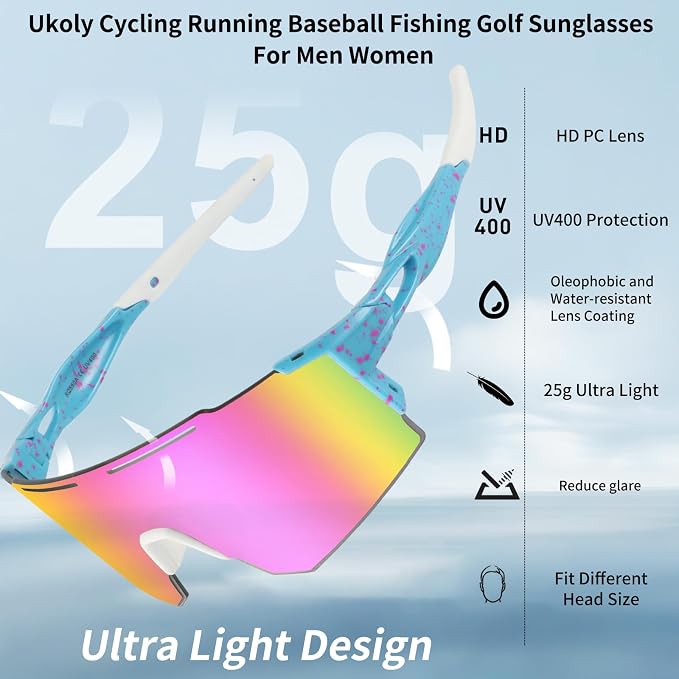 Ukoly Cycling Sunglasses for Men Women with 3 Interchangeable Lenses, Polarized Sports Sunglasses, Baseball Sunglasses