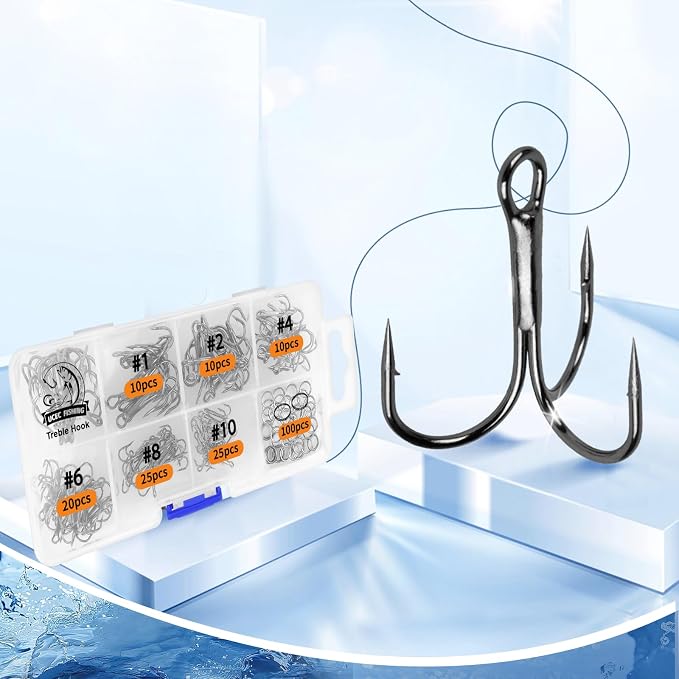 UCEC Fishing Hooks Treble Hooks Kit for Saltwater Freshwater, High Carbon Steel Strong Sharp Round Bend for Catfish Trout Hard Baits Lures, Size #1#2#4#6#8#10#12#14 110/50/210 Pack with Split Rings