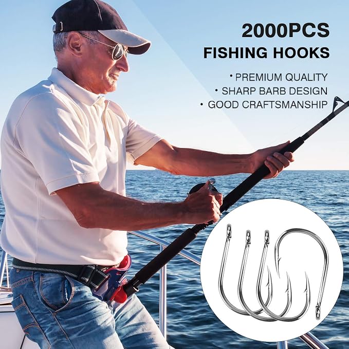HETH 2000pcs Fishing Worm Hooks High Carbon Steel Wide Gap Offset Fishing Hook Set for Saltwater and Freshwater with 10 Sizes