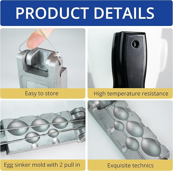 Egg Sinker Mold Fishing Weight Molds with 5 Mold Cavities,1oz, 2oz, 3oz, 4oz, 5oz, Lead Sinker Molds with 2 Pull Pin