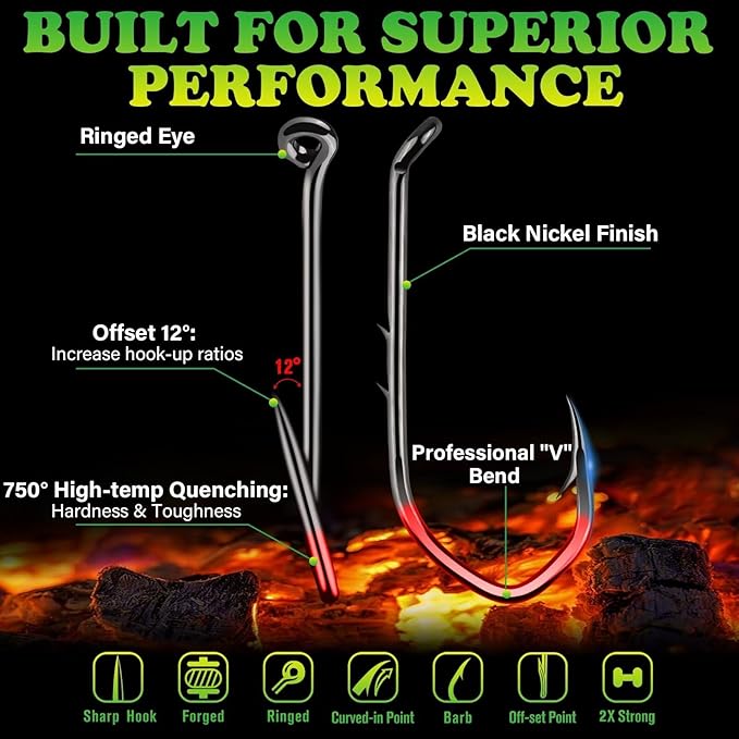 LUCKYFISHING Baitholder Fishing Hooks Saltwater Freshwater 100/80/70/60pcs Professional V Bait Holder Hooks for Bass Trout Crappie Soft Live Baits Black Red with Size 1 2 4 6 8 1/0-6/0