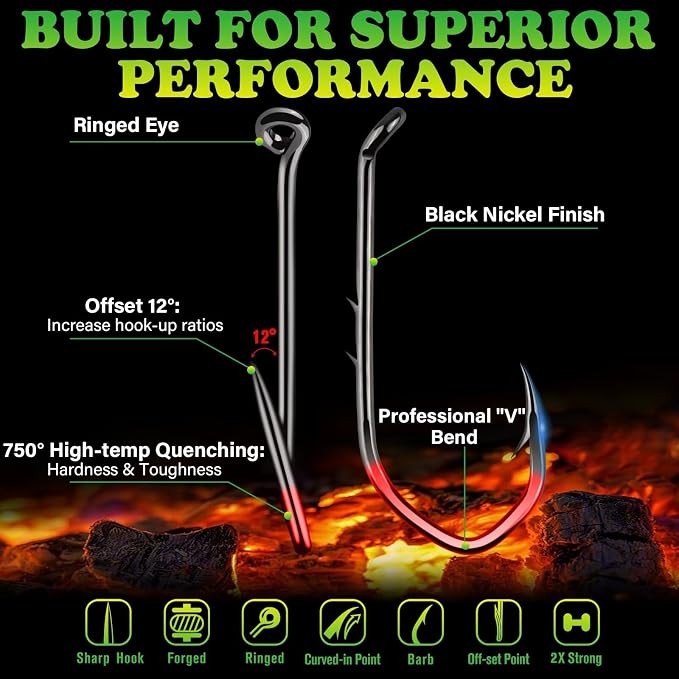 LUCKYFISHING Baitholder Fishing Hooks Saltwater Freshwater 100/80/70/60pcs Professional V Bait Holder Hooks for Bass Trout Crappie Soft Live Baits Black Red with Size 1 2 4 6 8 1/0-6/0
