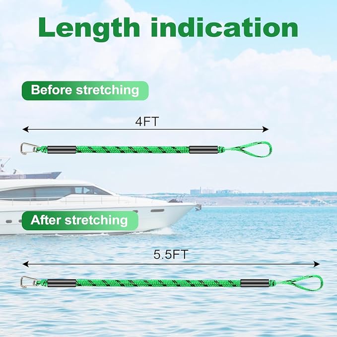 Boat Bungee Dock Lines, Mooring Rope with Stainless Steel Clip,Boat Ropes for Docking, Boat Accessories, Suit for PWC, Kayak, Seadoo, WaveRunner, Pontoon, Bass Boat, 4ft (Green&Black)
