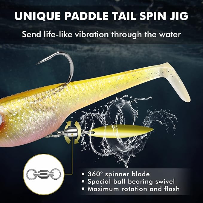 GOTOUR Pre-Rigged Soft Fishing Lures with Weedless Hook, Lifelike Paddle Tail Swimbaits for Bass Fishing, Freshwater & Saltwater Fishing Bait, Fishing Tackle for Bass, Pike, Trout, and Walleye