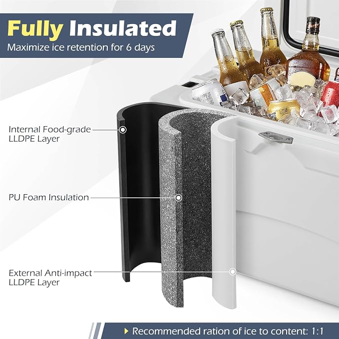 Goplus Hard Cooler, Insulated Ice Chest w/Portable Handles, Cup Holders, Ruler, Bottle Opener, 6 Day Ice Retention for Drink, Beverage, Camping, Fishing, Beach