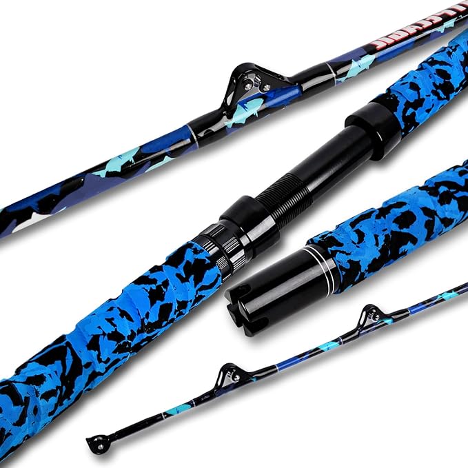 Fiblink Saltwater Fishing Rod 1Piece/2Piece Offshore Trolling Rod Big Game Deep Sea Rod Conventional Boat Blue Camouflage Fishing Pole(5'6"/6'/7')