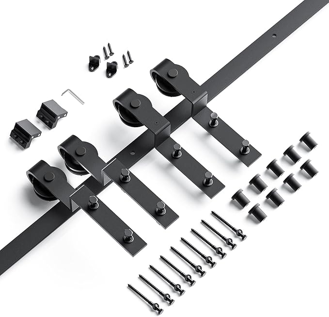 EaseLife 12 FT Bypass Double Sliding Barn Door Hardware Kit,Single Track, Slide Smoothly Quietly, Easy Install (12FT Track Kit for Double 77" Wide Door)