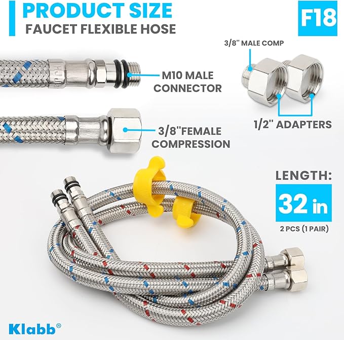Klabb 32-Inch Stainless Steel Braided Faucet Supply Line, 3/8" Compression x M10 Faucet Connector, Includes 1/2" FIP Adapters, SS304 Flexible Water Hose for Bathroom & Kitchen Sink Faucets