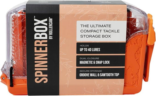 Rollercam SpinnerBox Compact tackle storage box – Holds Up to 40 Lures – Magnetic + Snap Lock – Clear Lid tackle box organizer for Spinners, Spoons & Small Baits – Durable small tackle box for Fishing