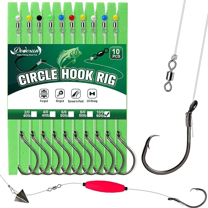 Dovesun 10PCS Pre-Rigged Catfish Rig Circle/Octopus Hooks Rigs for Catfish Offset Circle Fishing Hooks for Saltwater Freshwater 2/0 3/0 4/0 5/0 6/0 7/0 8/0 10/0